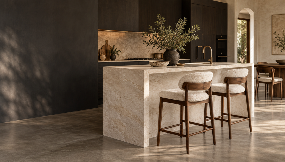 Editorial interior inspiration: ivory upholstered walnut stools at a limestone kitchen island