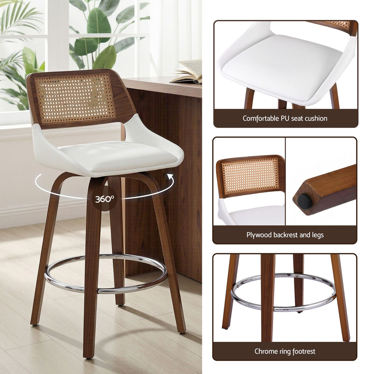 Eloise PU Leather Counter Stool - White (Set of 3)
