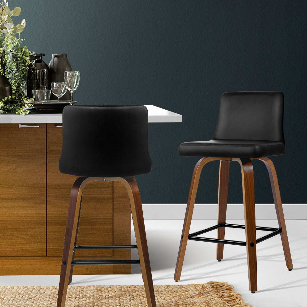 Dominic PU Leather Counter Stool - Black / Walnut Frame (Set of 2)