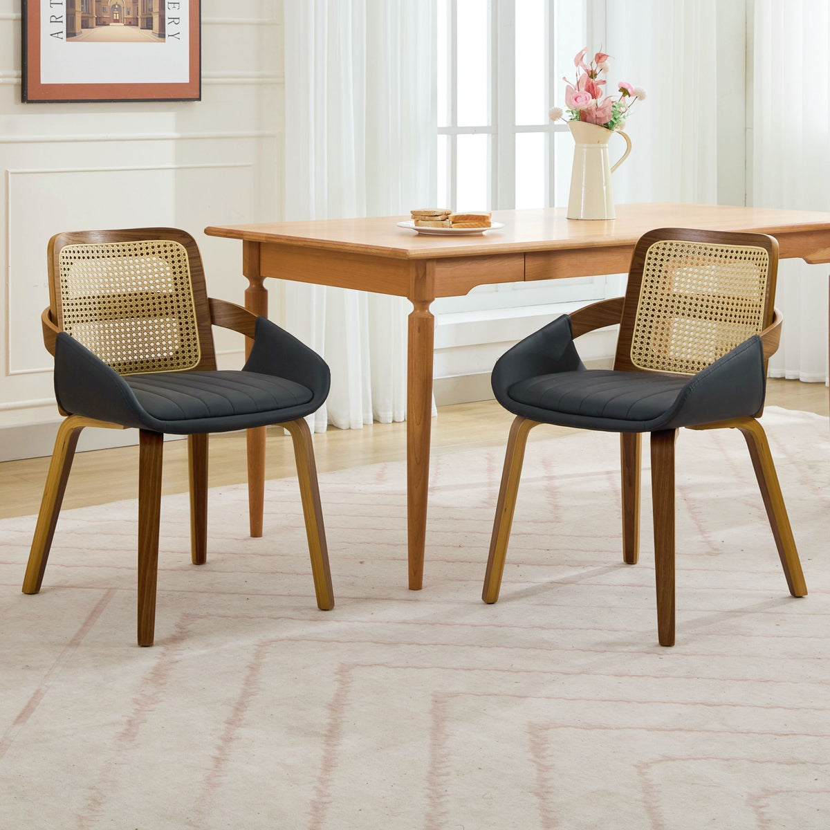 Margot Rattan & Faux Leather Dining Chair - Black (Set of 2)