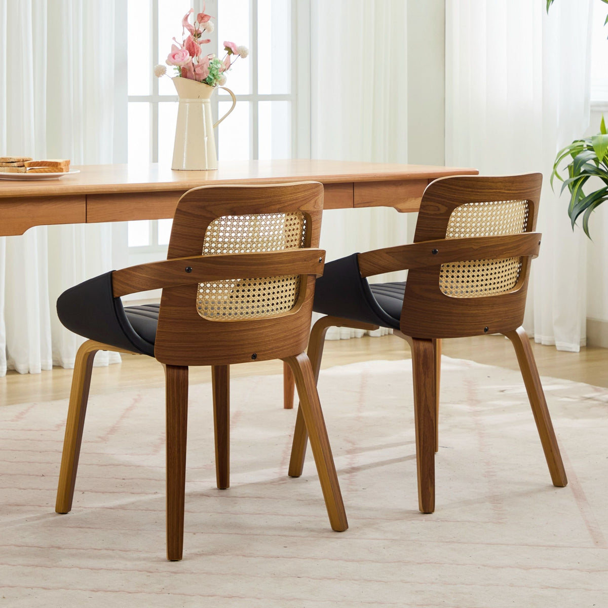 Margot Rattan & Faux Leather Dining Chair - Black (Set of 2)