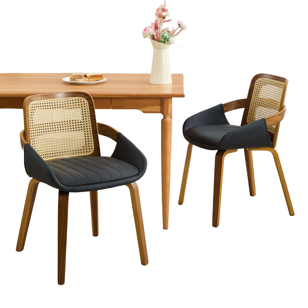 Margot Rattan & Faux Leather Dining Chair - Black (Set of 2)