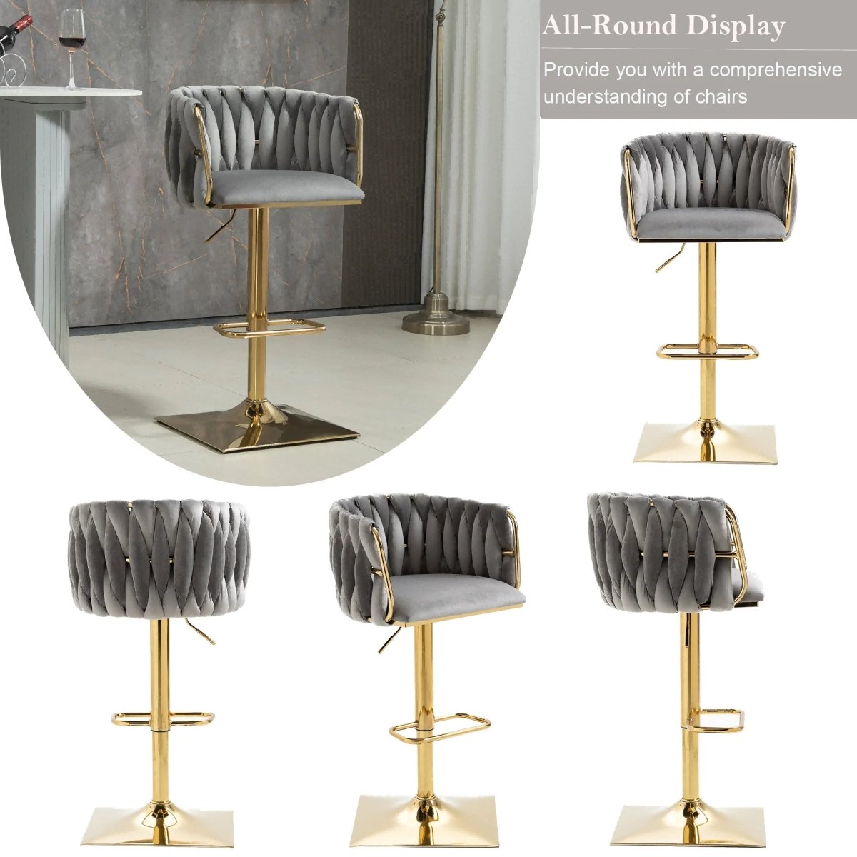 Wesley Velvet Counter Stool - Grey / Gold Base (Set of 2)