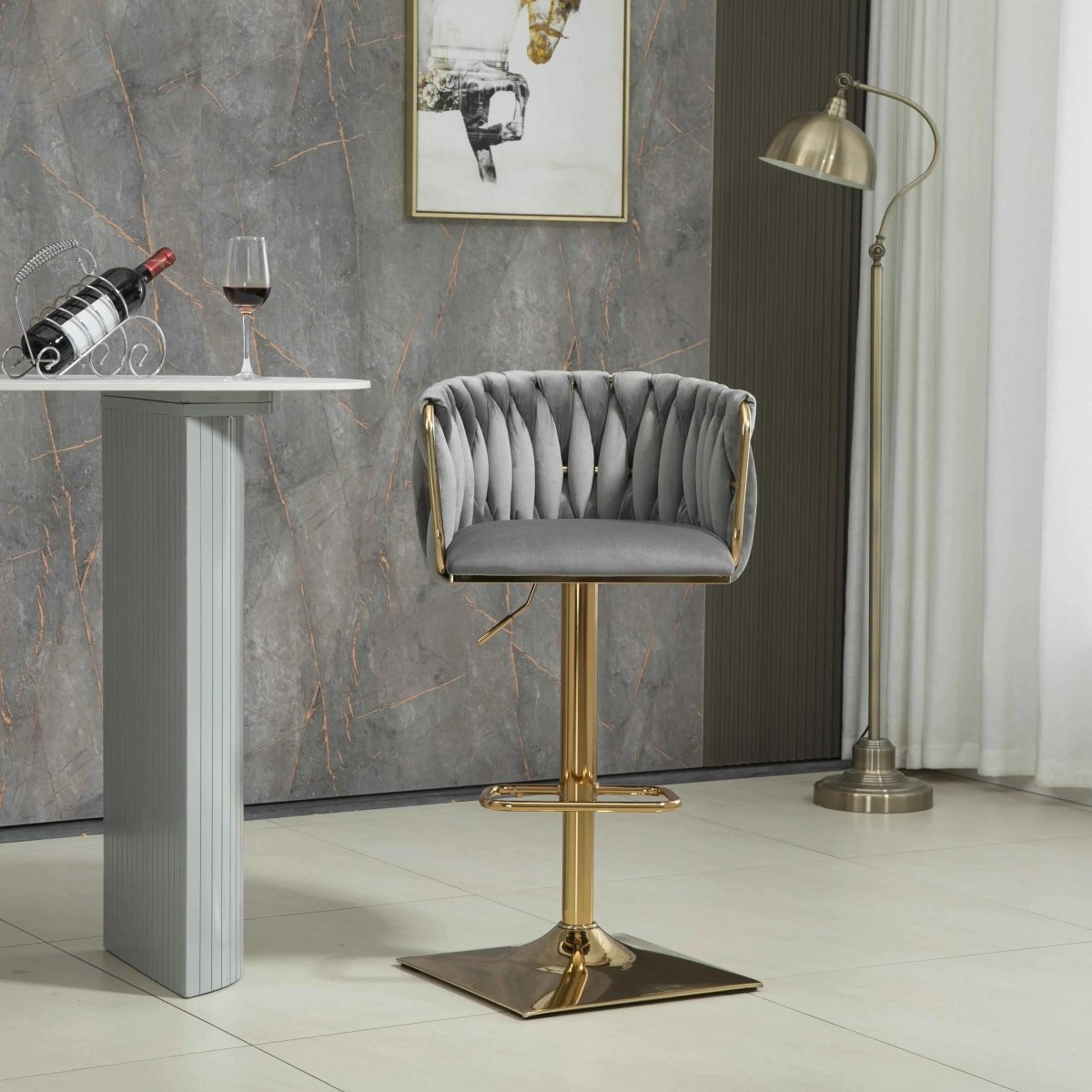 Wesley Velvet Counter Stool - Grey / Gold Base (Set of 2)