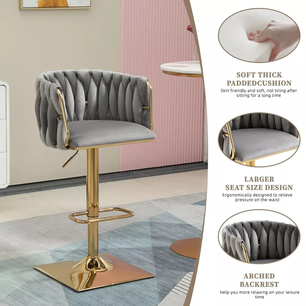 Wesley Velvet Counter Stool - Grey / Gold Base (Set of 2)