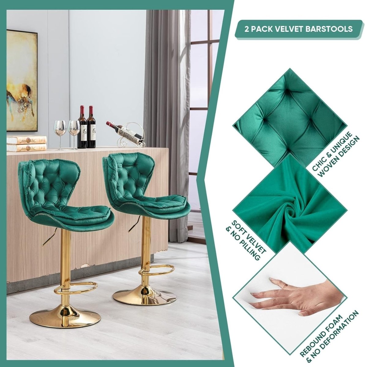 Adrian Velvet Counter Stool - Emerald Green / Gold Base (Set of 2)