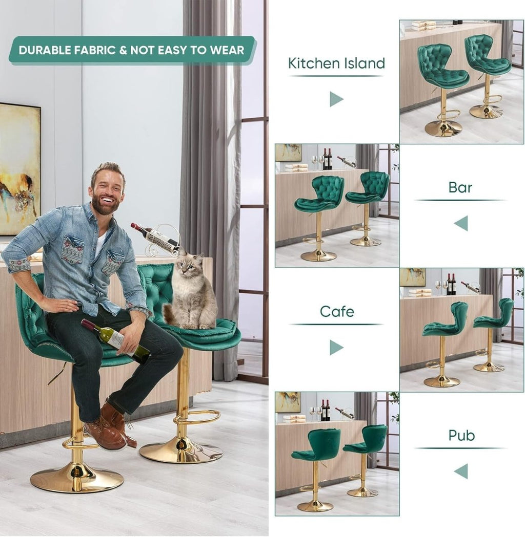 Adrian Velvet Counter Stool - Emerald Green / Gold Base (Set of 2)