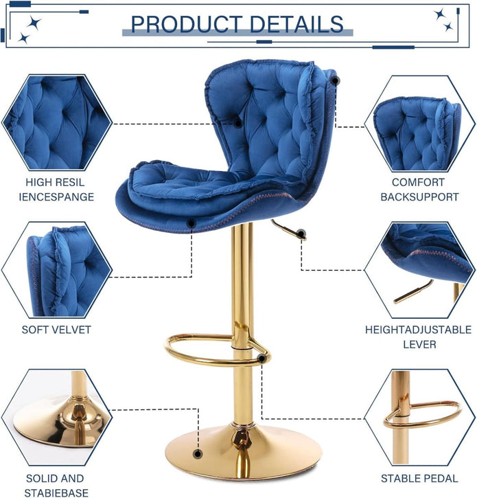 Adrian Velvet Counter Stool - Navy / Gold Base (Set of 2)