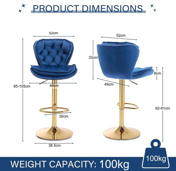 Adrian Velvet Counter Stool - Navy / Gold Base (Set of 2)