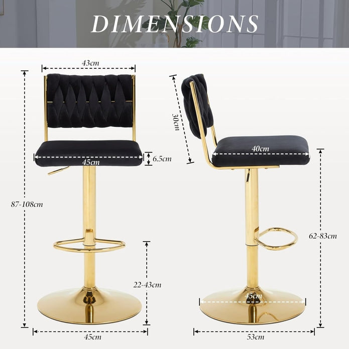 Edith Velvet Counter Stool - Black / Gold Base (Set of 2)