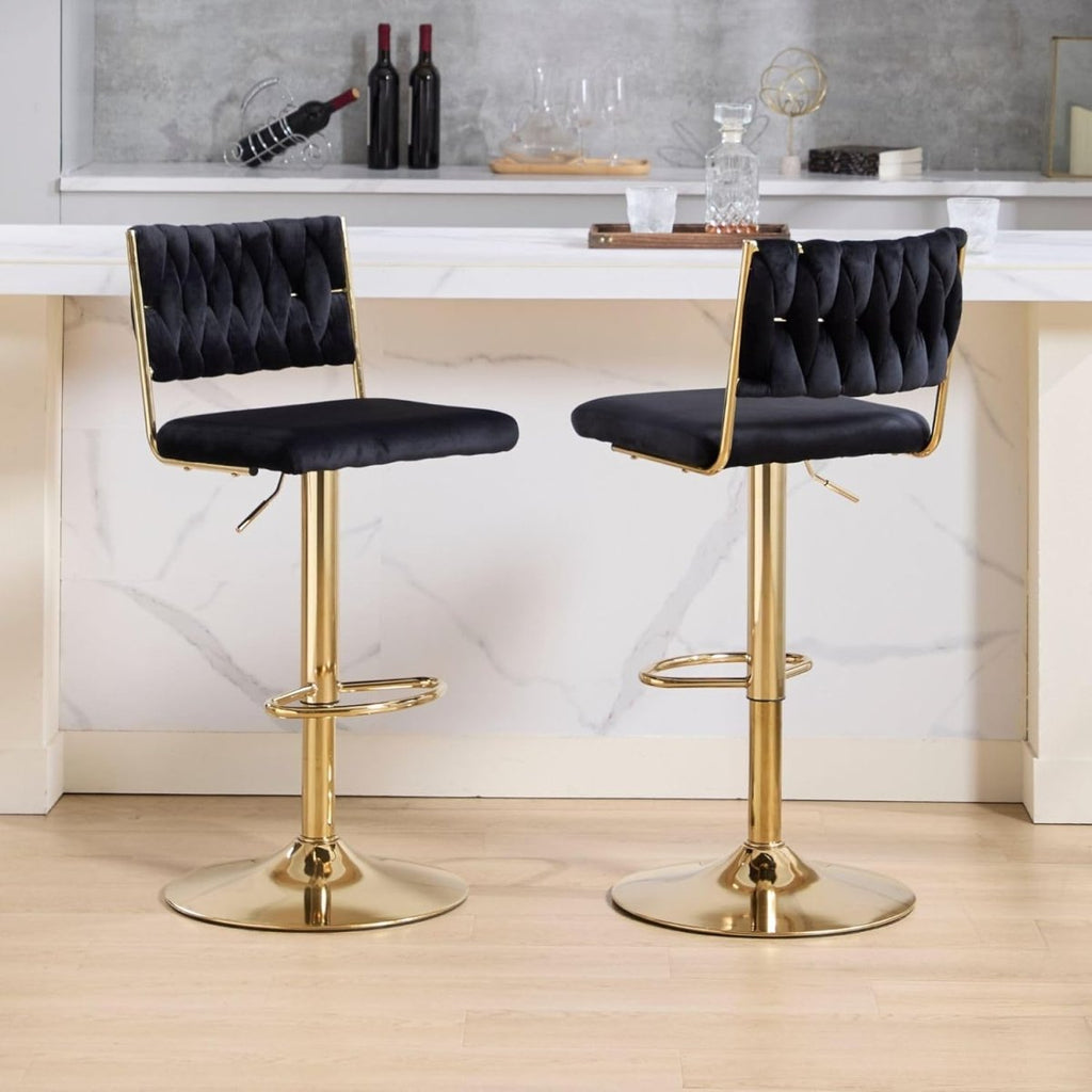 Edith Velvet Counter Stool - Black / Gold Base (Set of 2)