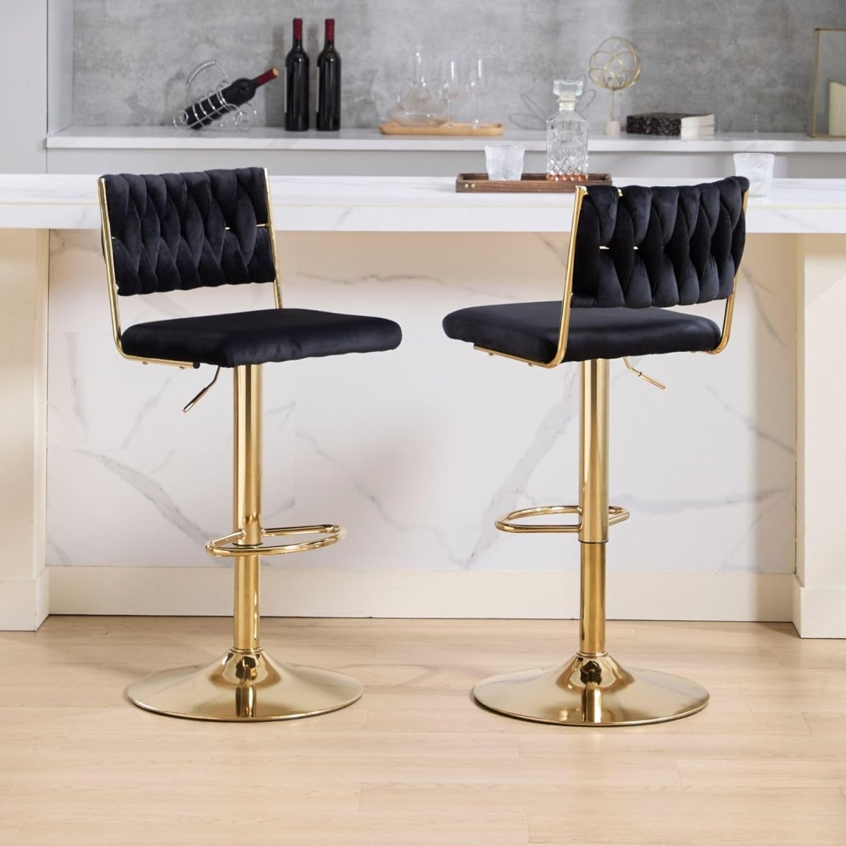 Edith Velvet Counter Stool - Black / Gold Base (Set of 2)