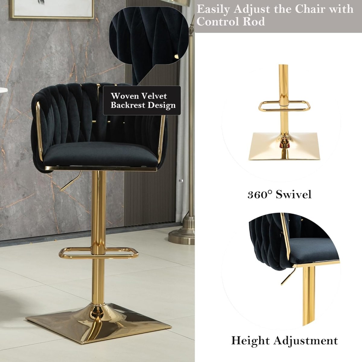 Iris Velvet Counter Stool - Black / Gold Base (Set of 2)