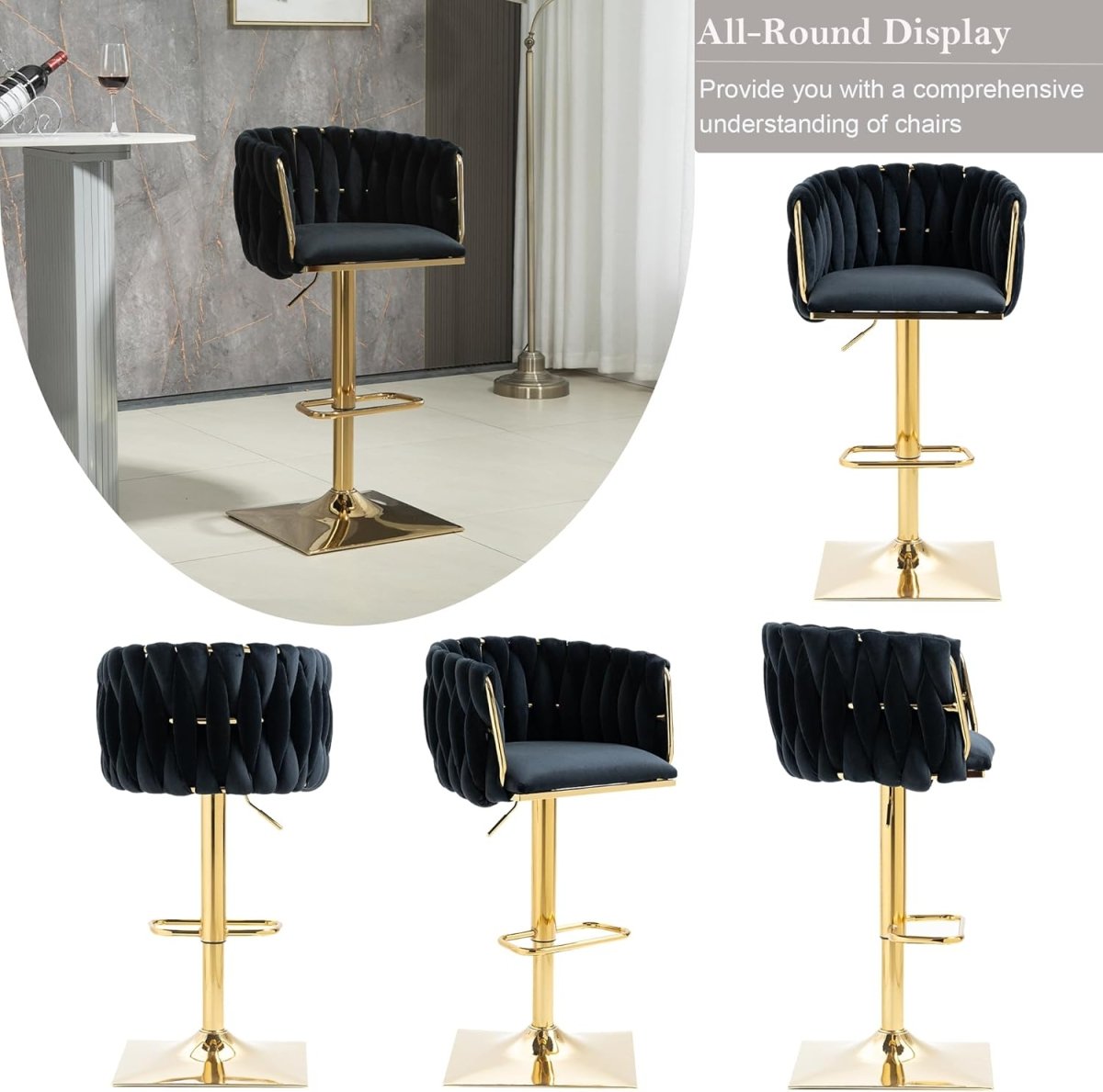 Iris Velvet Counter Stool - Black / Gold Base (Set of 2)