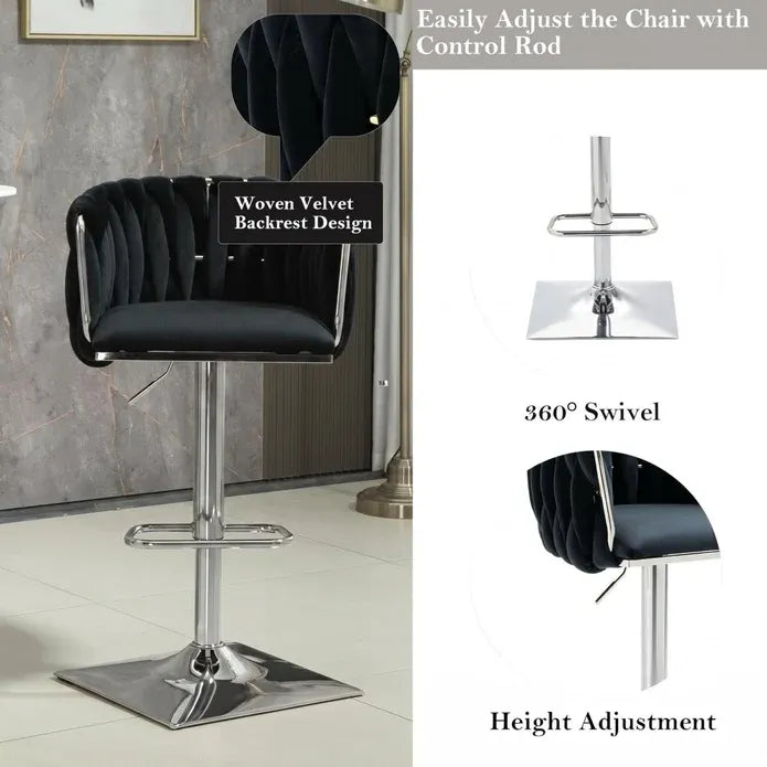 Wesley Velvet Counter Stool - Black / Silver Base (Set of 2)