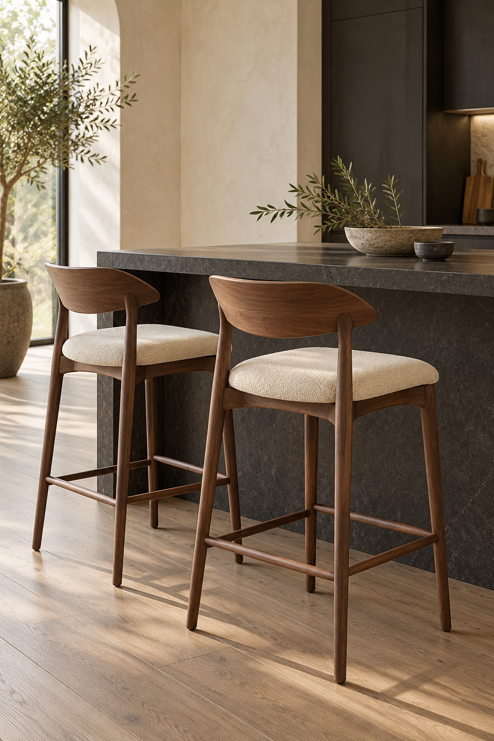 Editorial inspiration: walnut bar stools in a warm kitchen